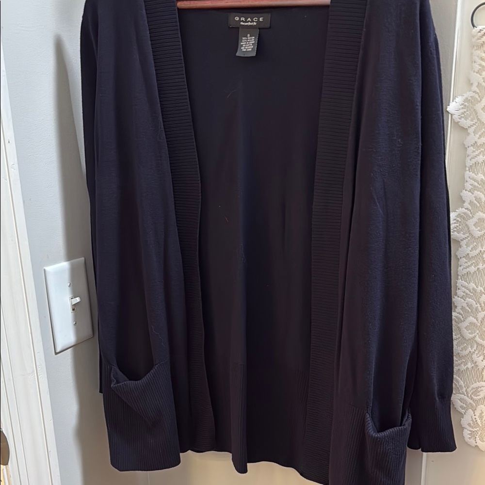 Grace Dark Navy Cardigan with pockets.